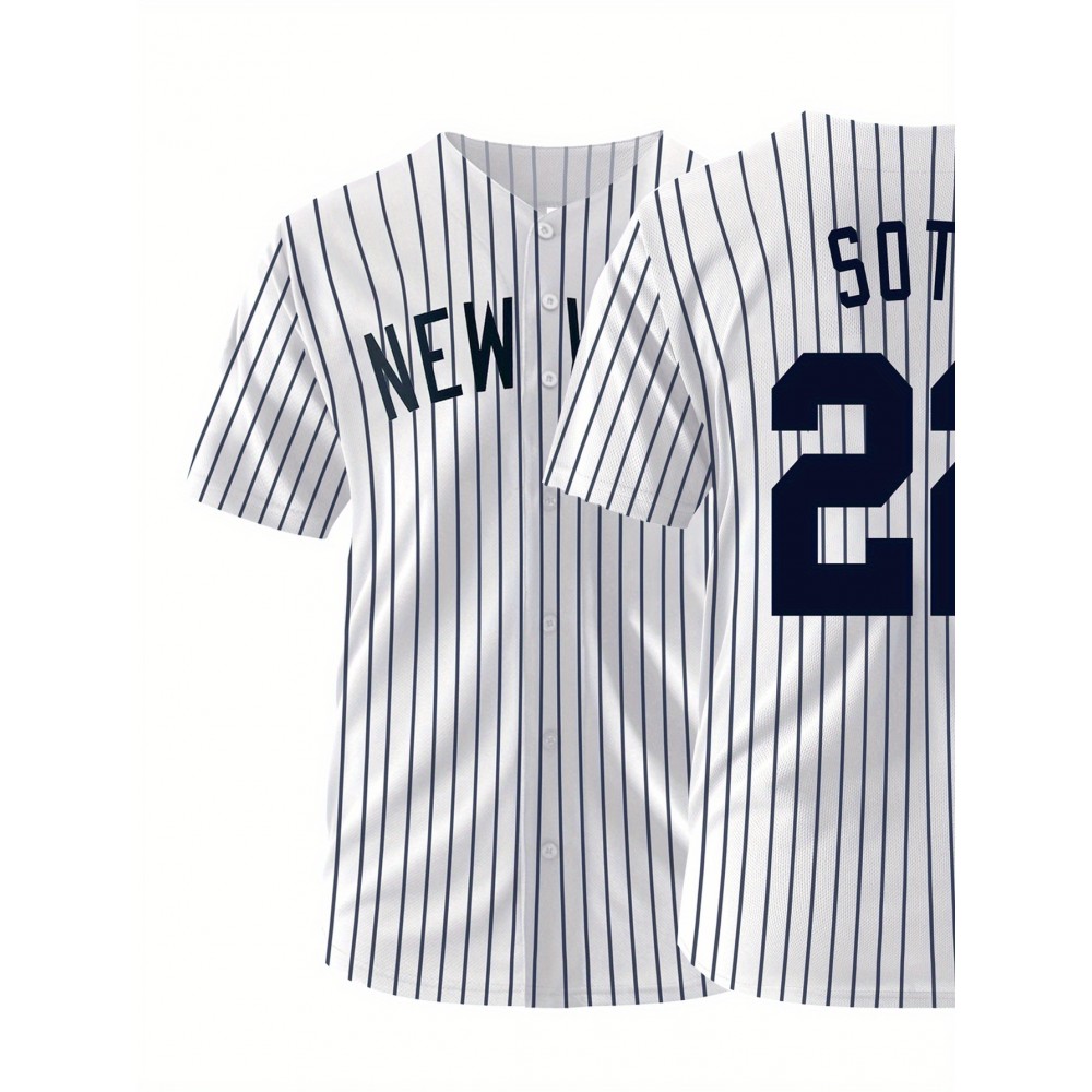 Men'S White Striped # 22 Baseball Shirt, Classic Letter Embroidery Design, Breathable Button Style Short Sleeved Shirt, Suitable for Training And Games