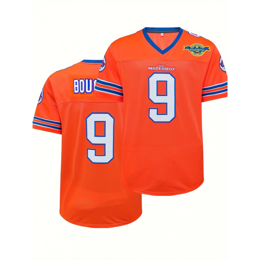 Men's Orange # 9 Breathable Rugby Shirt, Sports V-neck Short Sleeve Training Match Uniform, Embroidered American Football Shirt