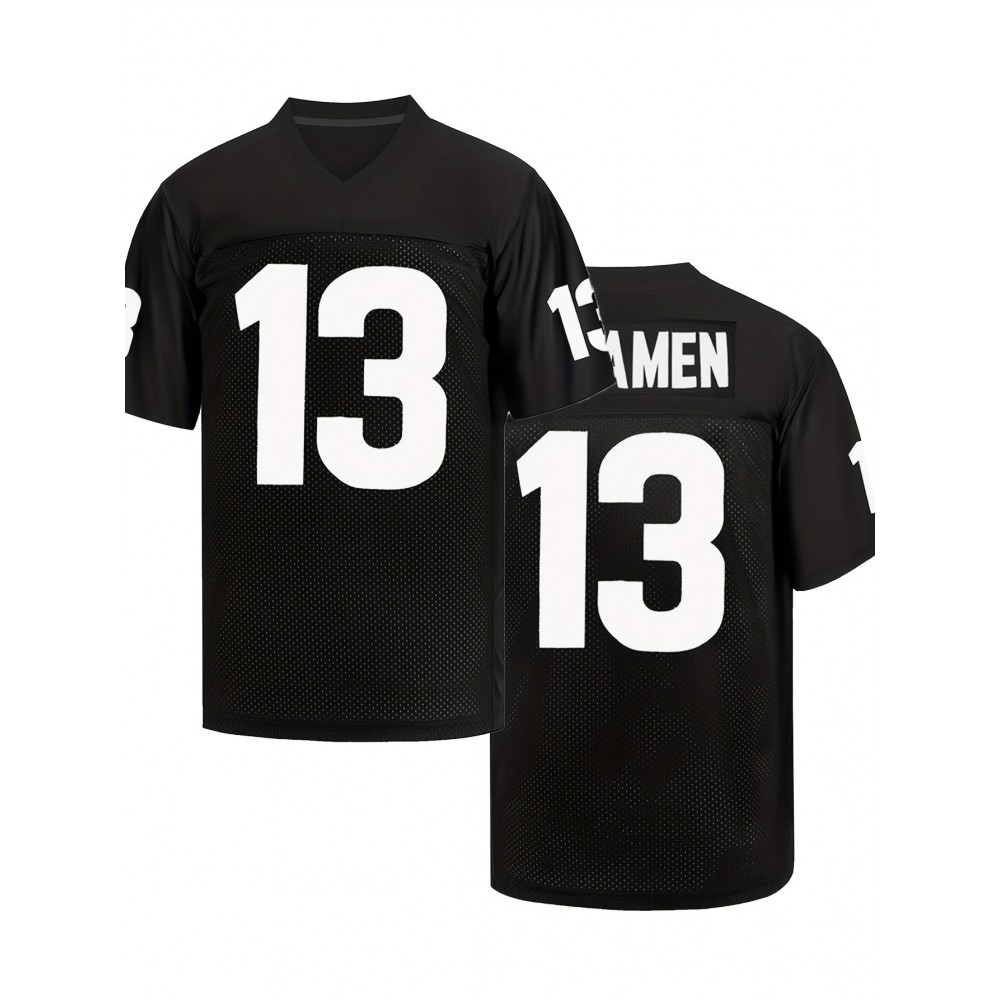 Men's Black # 13 Breathable Rugby Jersey, Sports V-neck Short Sleeved Uniform For Training And Matches, Embroidered American Football Shirt