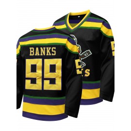 [Embroidered Captain's Jersey] Black Embroidered V-Neck Captain's Jersey - Men's #99 Duck Style Ice Hockey Sweatshirt, Breathable Polyester with Striped Accents, Casual & Sporty for All Seasons