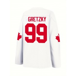 Polyester V-Neck #99 Embroidered Hockey Jersey - Casual & Outdoor Loose-Fit Knit Top - for Adults and Teens, Four Seasons Wear