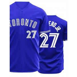 Men's Royal Blue Toronto #27 Baseball Shirt - Breathable Loose Fit V-Neck Embroidered Jersey, Button-Up Casual Sportswear for Outdoor Activities, Running & Daily Wear, All-Season Comfort, Sports Apparel, Sporty Design, Embroidered Detailing