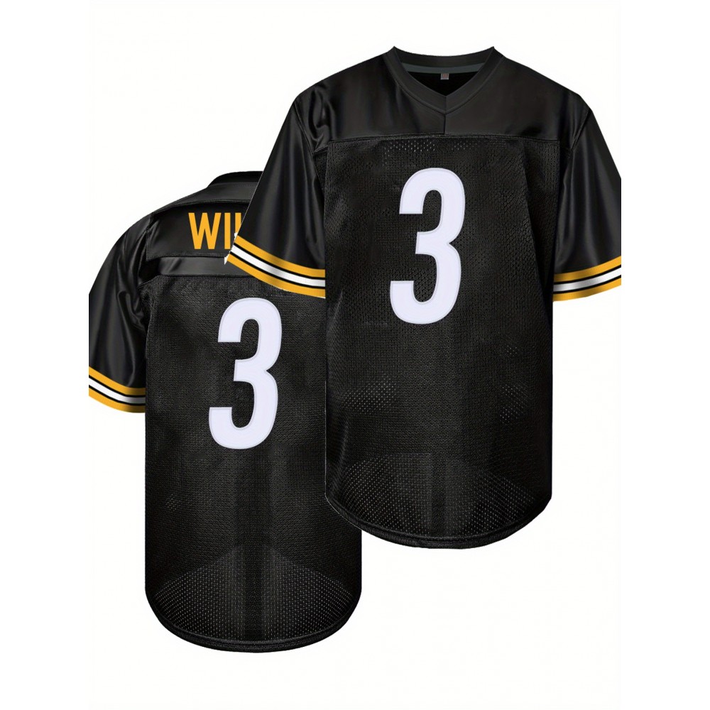 Men's Black #3 Embroidered American Football Jersey - Loose Fit Breathable V-Neck Rugby Top with Yellow Accents, All-Season Casual Streetwear for Sports & Outdoor Activities, Durable Sportswear