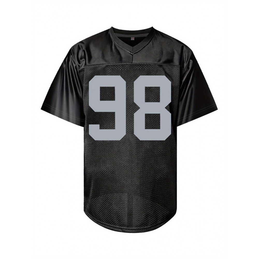 Men'S Black # 98 American Football Shirt Loose Embroidered Sports, Fashionable, Casual, Street Breathable Rugby Top