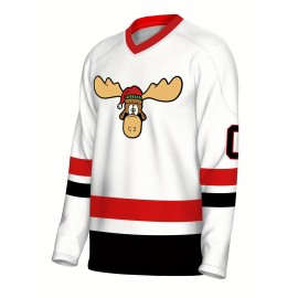 Men'S White # 00 Christmas Deer Ice Hockey Sweatshirt, Loose Embroidered Long Sleeves, Sporty, Fashionable And Casual, Breathable On The Street