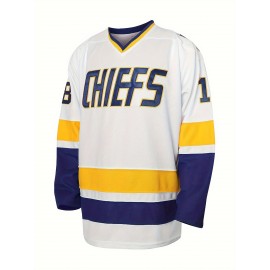 Men's White #18 Ice Hockey Jersey - Loose Fit Breathable Embroidered CHIEFS & HANSON 18 Design, V-Neck Long Sleeve for Team Sports, Casual Streetwear & All-Season Wear, Sports Fan Apparel | Durable Sportswear