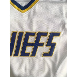 Men's White #18 Ice Hockey Jersey - Loose Fit Breathable Embroidered CHIEFS & HANSON 18 Design, V-Neck Long Sleeve for Team Sports, Casual Streetwear & All-Season Wear, Sports Fan Apparel | Durable Sportswear