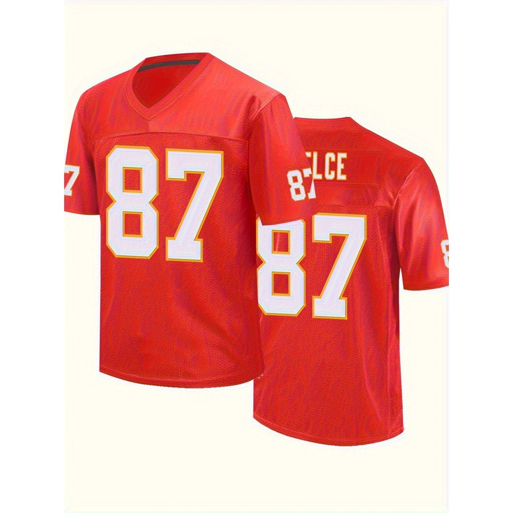 Men'S Red # 87 Breathable Rugby Shirt, Sports V-neck Short Sleeve Training Match Uniform, Embroidered American Football Shirt