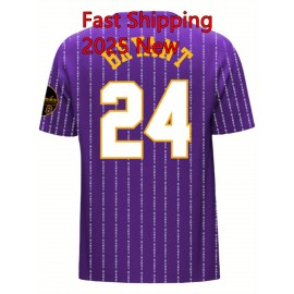 Men'S White Striped Purple # 8-24 Jersey Letter Embroidered Baseball Shirt, Fashionable And Casual, Street Breathable Short Sleeved Sports Shirt