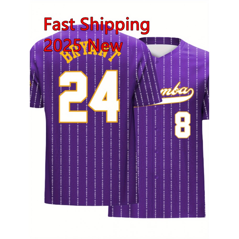 Men'S White Striped Purple # 8-24 Jersey Letter Embroidered Baseball Shirt, Fashionable And Casual, Street Breathable Short Sleeved Sports Shirt