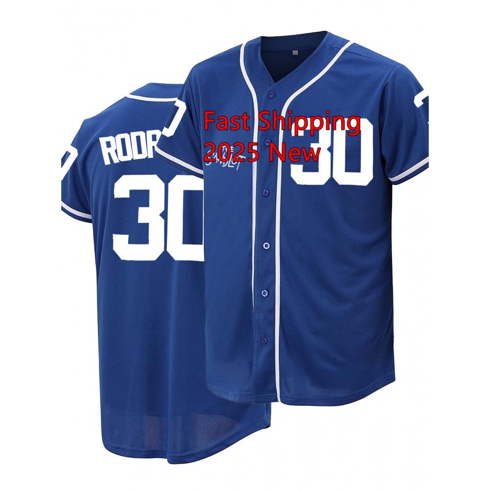 Men's Royal Blue #30 Baseball Jersey - Loose Fit V-Neck Button-Up Shirt with Embroidered ROODA & Number 2025 Design, Breathable All-Season Casual & Sports Wear for Street Style, Outdoor Activities, Running