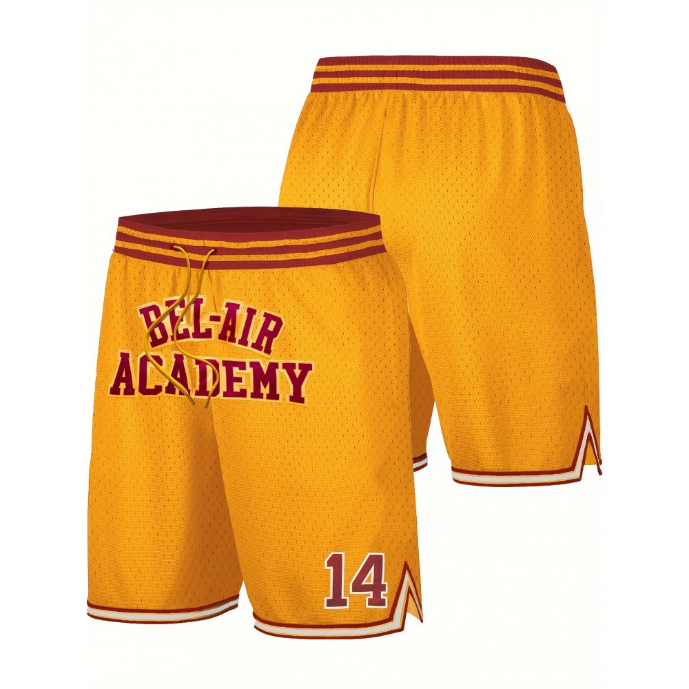 Men's Yellow #14 Baseball Shorts with BEL-AIR ACADEMY Embroidery - Breathable Athletic Shorts, Loose Fit for Training, Competition & Casual Wear - Machine Washable Sportswear for Men & Teens, Adjustable Elastic Waistband