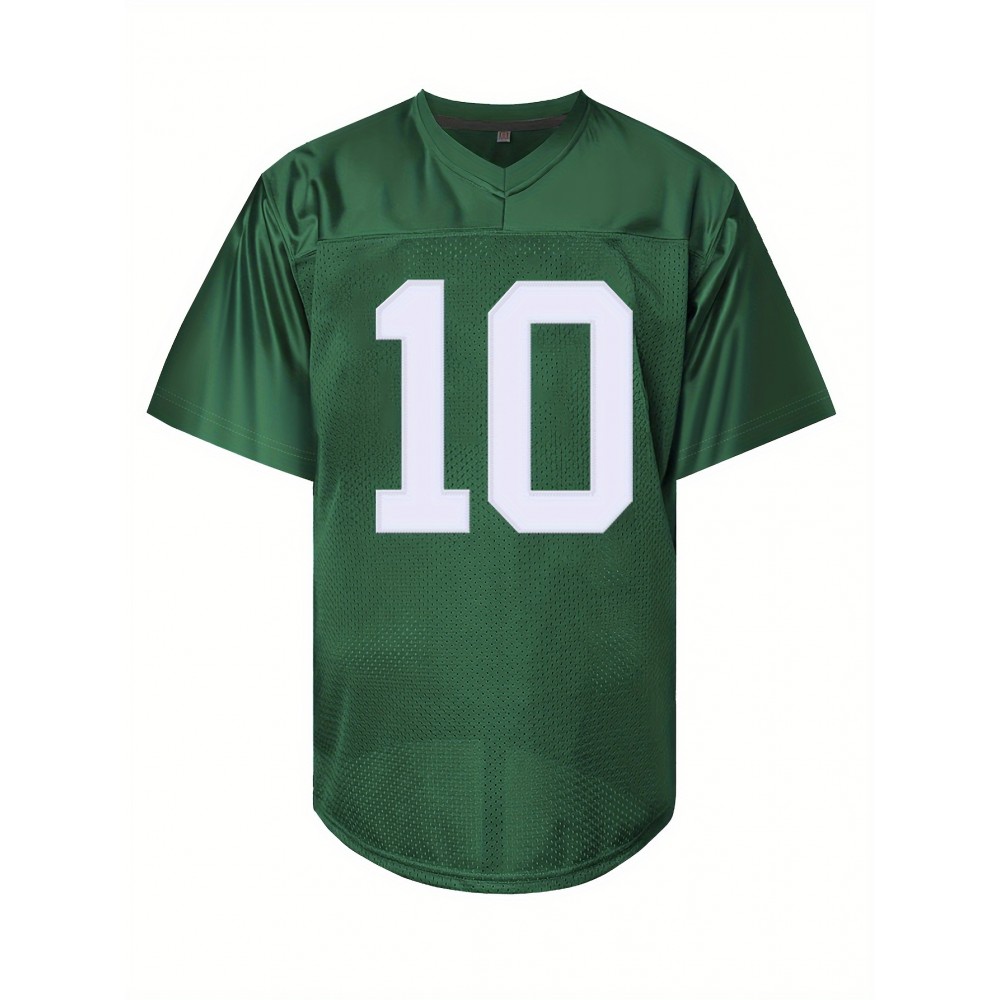 Men's Green# 10 Breathable Rugby Shirt, Sports V-neck Short Sleeve Training Match Uniform, Embroidered American Football Shirt
