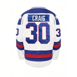 Men's White #30 Ice Hockey Jersey with Embroidered Craig 30 & USA 34 Design - Loose Fit Breathable Polyester, V-Neck Long Sleeve for Sports, Casual Streetwear & Outdoor Activities
