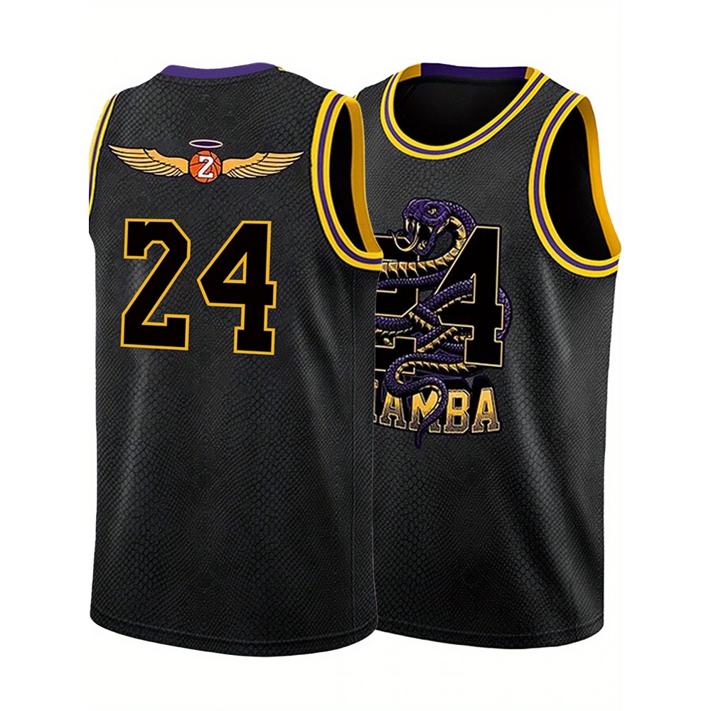 Men'S Black Snake Skin Basketball Suit # 24 Classic Retro Embroidered Letter Sleeveless Sweat wicking Breathable Tank Top Basketball Suit