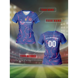 Custom Name and Number Women'S V-neck Football Shirt Top, Team Personal Training, Sports, Breathable, Quick Dry, Daily Casual, Slight Stretch Fabric, All Over Print, Regular Length, for Spring/Summer/Fall