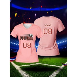 Customized Women's V-Neck Football Shirt - Personal Name & Number, Pink, Breathable Polyester, Quick-Dry Sports Top for Team Training & Casual Wear