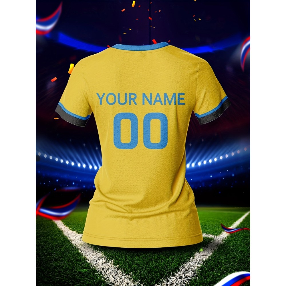Custom Name and Number Women'S V-Neck Football Jersey, Sports Style, Polyester, Slight Stretch, All Over Print, Regular Length, Spring/Summer/Fall, Knit Fabric, 210 g/m²