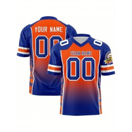 Customizable Plus Size Football Jersey - Personalized Name & Number, V-Neck, Loose Fit, Navy Blue with White & Orange Accents, Summer Sports Shirt for Men & Women, Football Jersey, Casual Sportswear, Sporty Design, Comfortable Fit