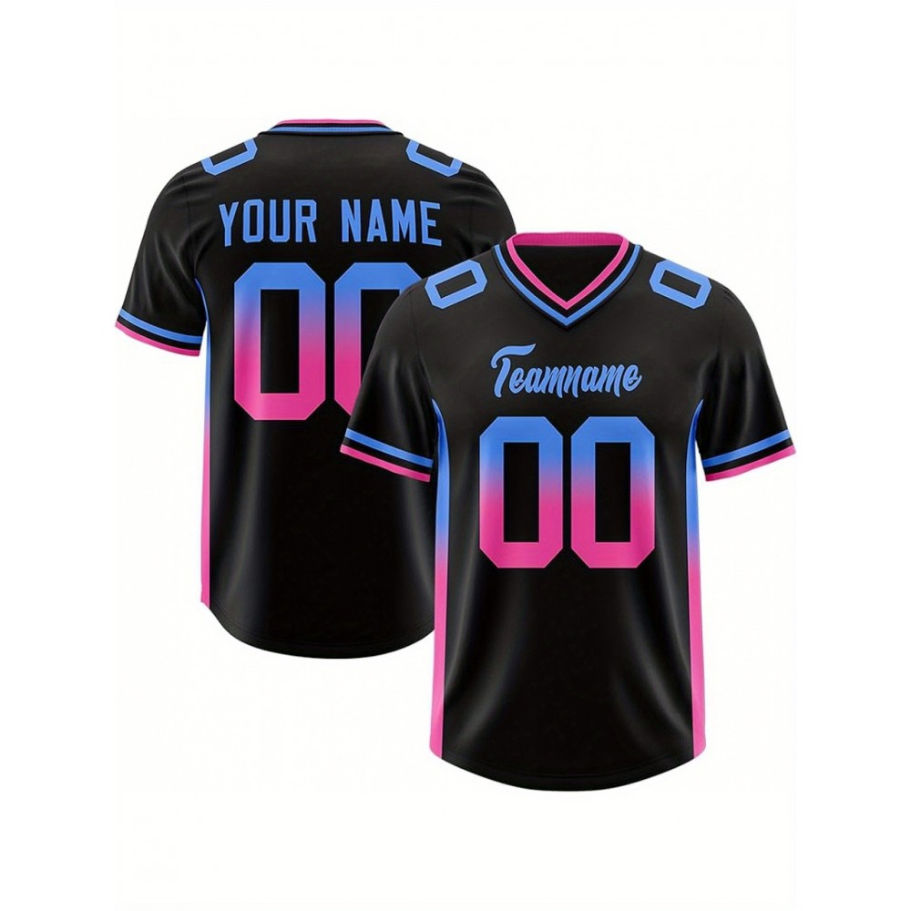 Customizable Plus Size Football Jersey - Personalized Name & Number, Vibrant Orange & Blue Gradient Design, V-Neck Short Sleeve, Breathable Summer Sports Shirt for Women, Football Jersey, Athletic Wear, Sporty Look, Comfortable Fit